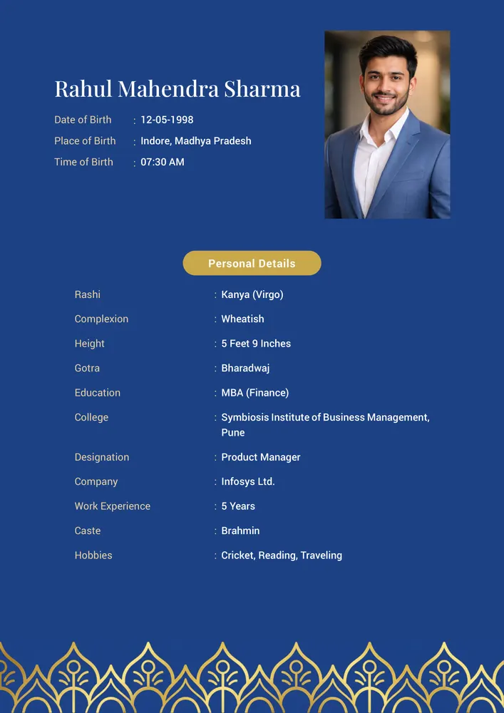 Royal Blue Gold — biodata design preview