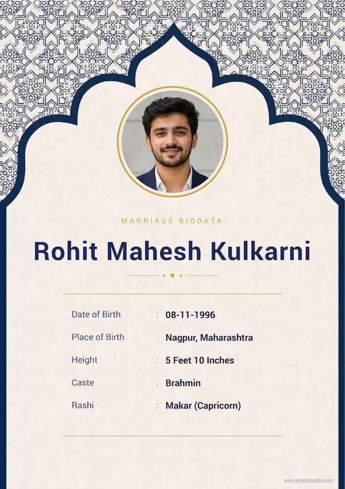 Elegant premium biodata design filled with sample details